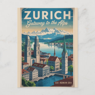 Cartão Postal Zurique Suíça Paisagem Urbana Retrô Viagem