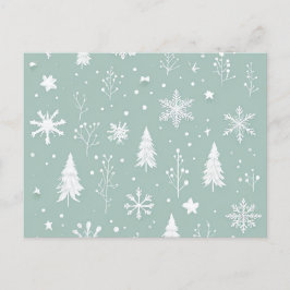 Cartão poste com árvores brancas e flocos de neve