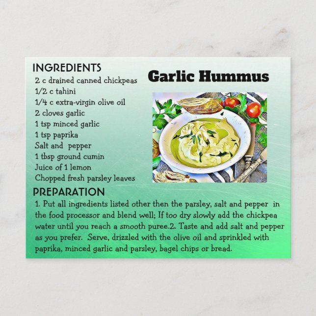 Cartão Poste de Receita de Hummus Garilic (Frente)