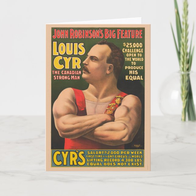 Cartão Poster de Circo Mostrando Louis Cyr Com Braços Cru (Frente)