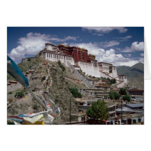 Cartão Potala com bandeiras de oração, Tibete, China
