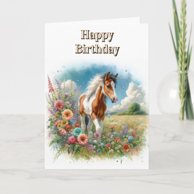 Cartão Potro de Cavalo Pinto e Flores Silvestres Feliz An (Frente)