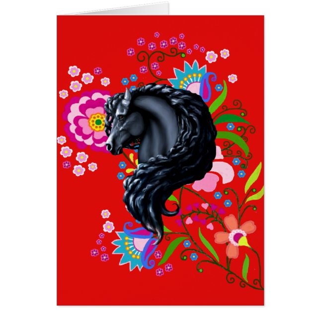 Cartão Povos do frisão, cavalo, garanhão preto (Frente)