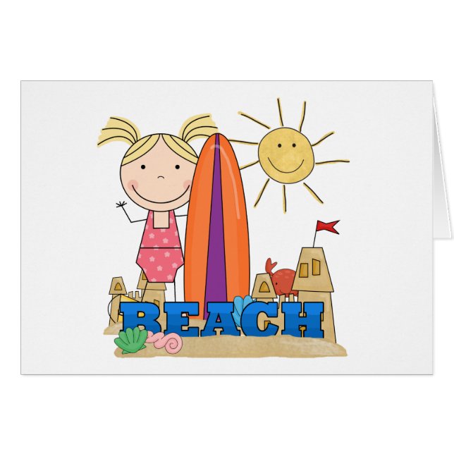 Cartão PRAIA - camiseta e presentes louros da menina (Frente Horizontal)