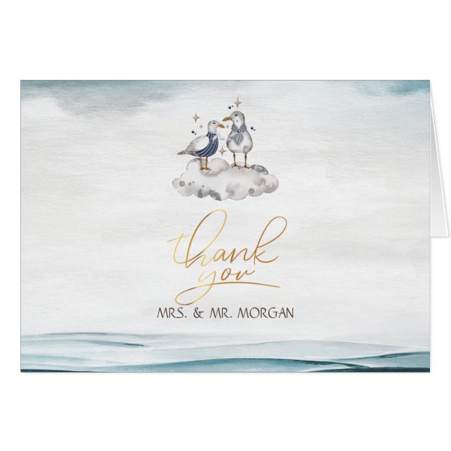 Cartão Praia das Gaivotas de Aquarela (Frente horizontal)