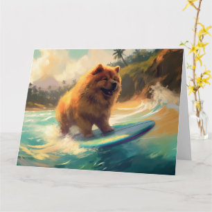 Cartão Praia de Chow Chow Pintura de Surfe