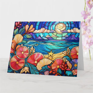Cartão praia tropical de arte em vidro retido