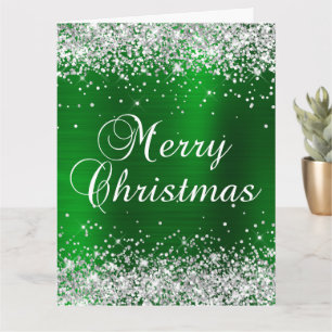 Cartão Prata Brilho Verde Folha Grande Feliz Natal