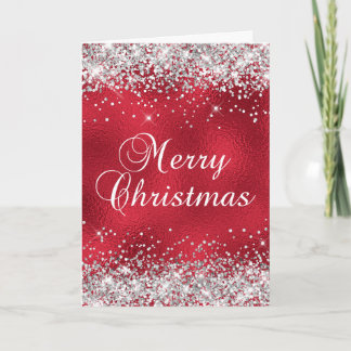 Cartão Prata Brilho Vermelho Vidro Folha Feliz Natal