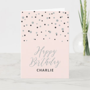 Cartão Prata e Rosa Feliz Aniversário Nome Personalizado