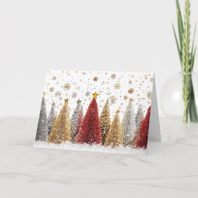 Cartão Prata Elegante e Floresta de Natal Dourada (Frente)