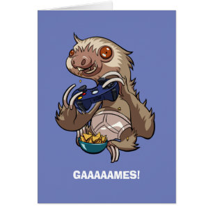 Cartão Preguiça do Gamer que come Nachos em desenhos