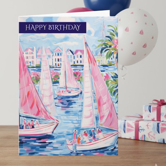 Cartão Preppy Pink Blue Tropical Sailboats Happy Birthday (Criador carregado)