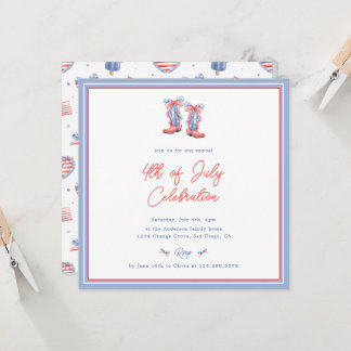 Cartão Preppy Watercolor Bows 4th Of July Invitation