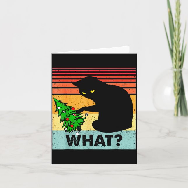 Cartão Presente de Gato Preto Engraçado Derrubando Árvore (Frente)