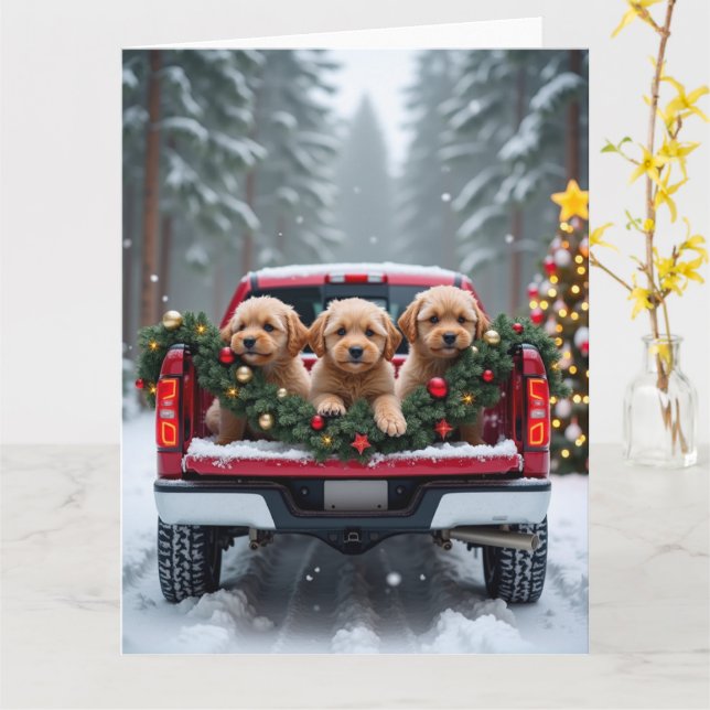 Cartão Presente de Natal Caminhão Vermelho Yorkipoo Festa (Flor Amarela)