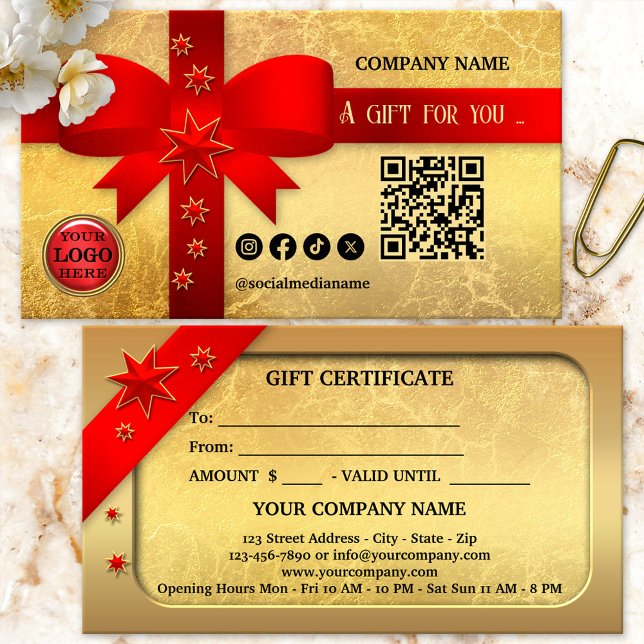 Cartão Presente de Natal Dourado Red Ribbon (A festive Christmas Holiday gift certificate featuring a red ribbon on a gold veined background)