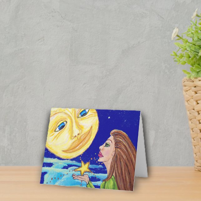 Cartão Presente para a Lua Notecard (Woman holding golden star under full moon smiling face night sky clouds on notecards.)