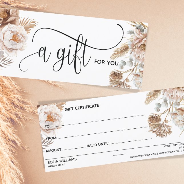 Cartão Presente para Certificado Floral Rosa Rosa  (ivory and blush pink boho watercolor floral)