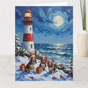 Cartão Presépio de Natal do Basset Hound com Farol