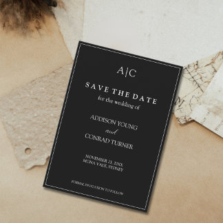 Cartão Preto de Monograma de Noivado Save the Date