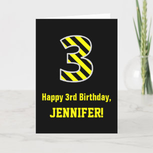 Cartão Preto e Amarelo com risca "3"; aniversário de 3 a