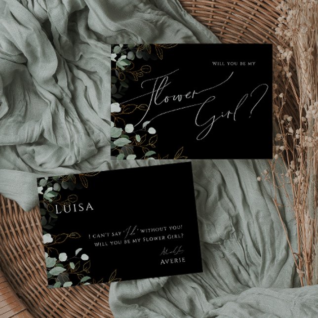 Cartão preto e Dourado de Flor Verde Whimsical (Criador carregado)