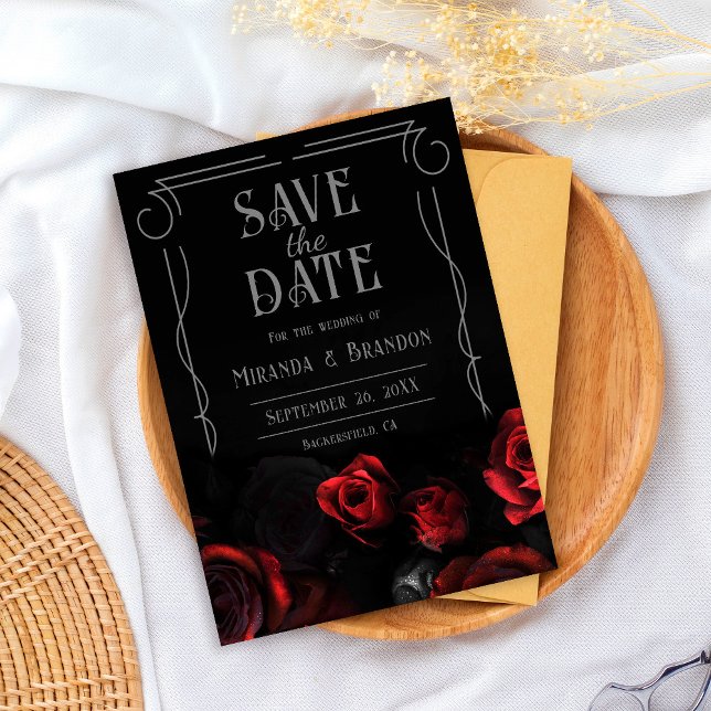 Cartão Preto e Vermelho Floral de Save the Date pa (Criador carregado)