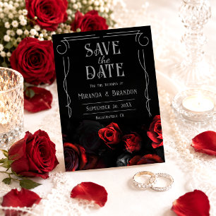 Cartão Preto e Vermelho Floral de Save the Date pa