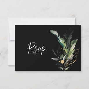 Cartão Preto RSVP de Casamento de Folhagem Tropica