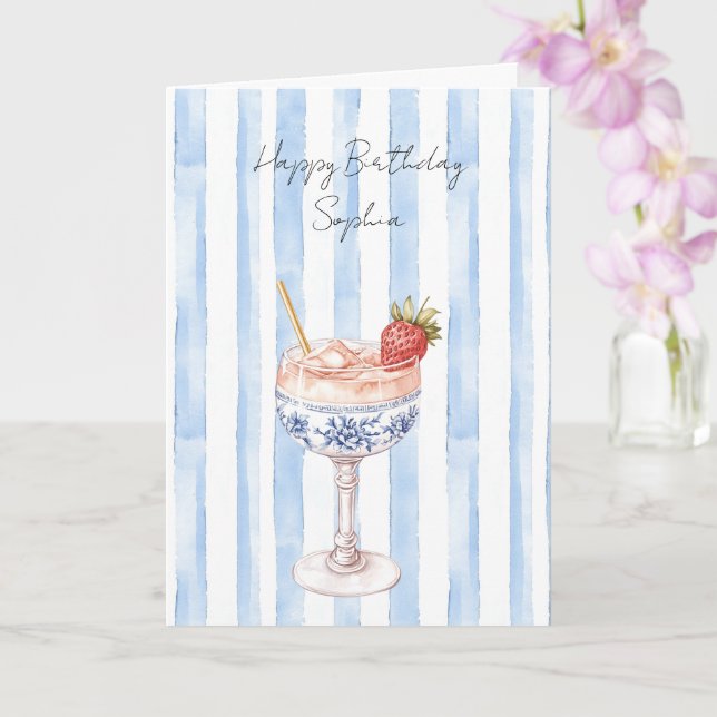 Cartão Pretty Blue White Stripes Strawberry Birthday (Orquídea)