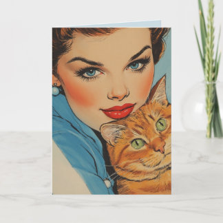 CARTÃO PRETTY GIRL WITH CAT BIRTHDAY RETRO GREETING CARD