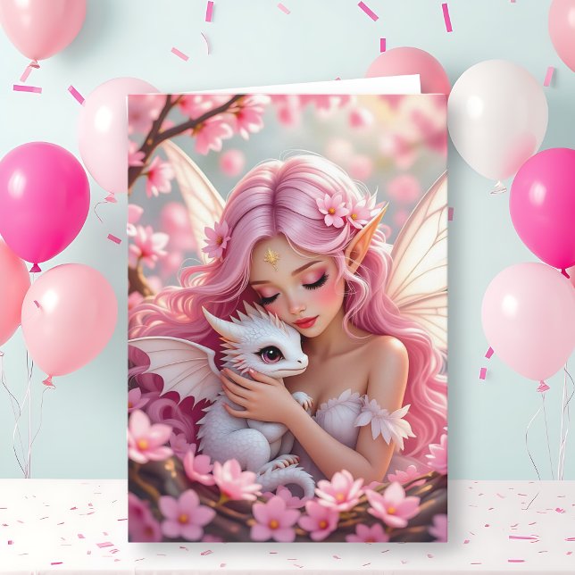 Cartão Pretty Pink Elven Fairy & Dragon | Happy Birthday (Criador carregado)