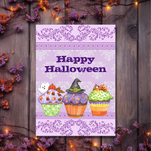 Cartão Pretty Purple Happy Halloween Cupcakes Holiday