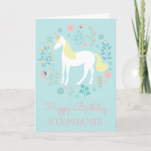 Cartão Pretty Unicorn & Flowers Aqua Personalized