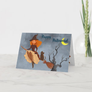 Cartão Pretty Witch and Cat on Broom Halloween Card