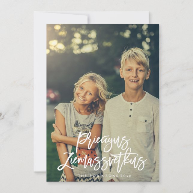 Cartão Priecigus Ziemassvetkus Script Foto Saudação (Frente)