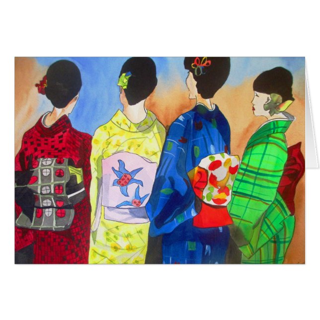Cartão Primavera Kimono Japonês Geisha watercolor art (Frente Horizontal)