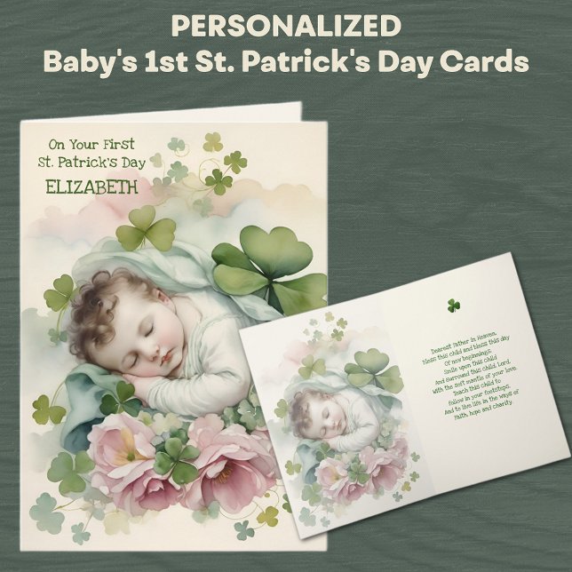 Cartão Primeira Bênção de São Patrício para Bebê (Baby's First St. Patrick's Day Card with Shamrocks and pink roses )