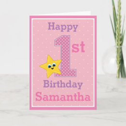 Cartão Primeira Menina a Fazer Aniversário, Rosa com Estr