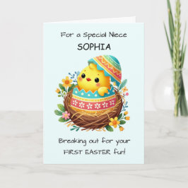 Cartão Primeira Páscoa do Pintinho Niece quebrando a casc