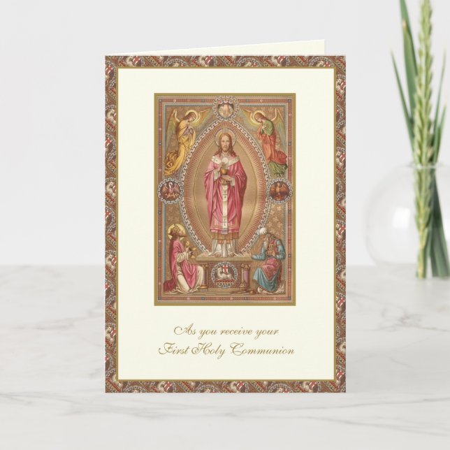 Cartão Primeira Sagrada Comunhão Católica Jesus Anjos (Frente)