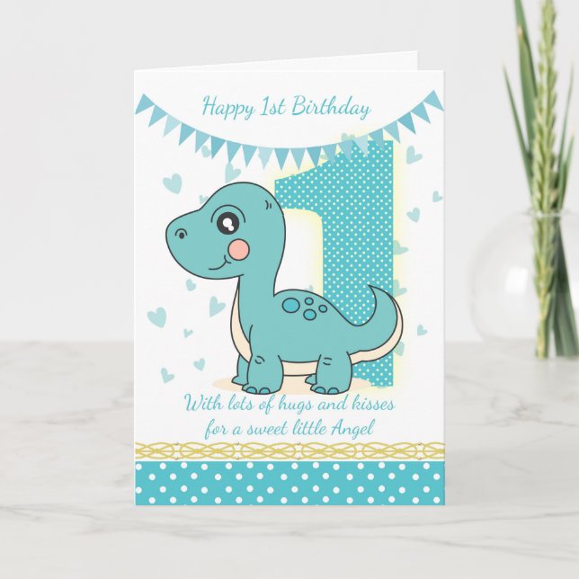 Cartão primeiro aniversario Azul Dinossauro, Bebês (Frente)