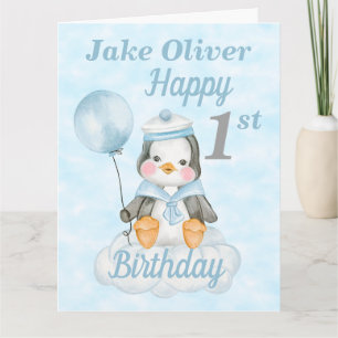 Cartão primeiro aniversario Baby Penguin Blue Big Card