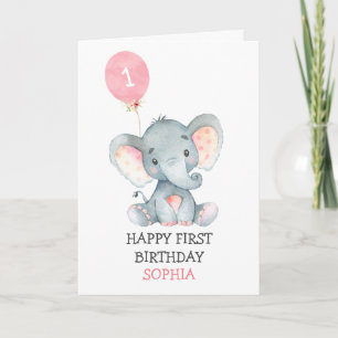 Cartão Primeiro Aniversário da Menina do Elefante Rosa 1º