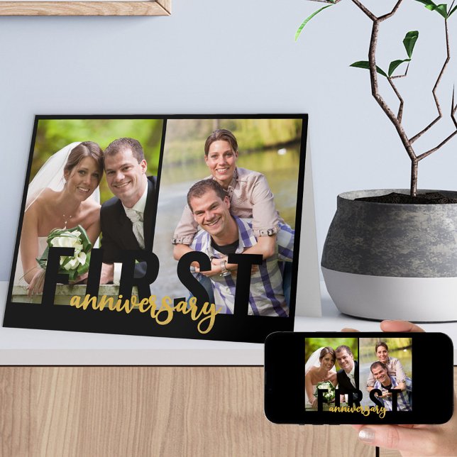 Cartão Primeiro Aniversário de Casamento 2 Foto Dourada S (Criador carregado)