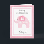Cartão primeiro aniversario de Elefante Rosa, Godfilha<br><div class="desc">Uma doce carta de afilhada de primeiro aniversario elefante rosa. Ele apresenta um elefante de aquarela cor-de-rosa macio, que diz "primeiro aniversario". Você será capaz de personalizar a frente da carta com o nome de sua afilhada. A mensagem da dentro também pode ser facilmente personalizada. A parte de trás deste...</div>
