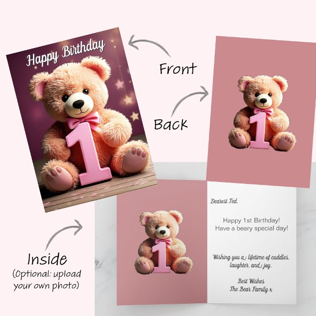 Cartão Primeiro aniversario de Garota do Urso de Teddy Cu (Girl Happy 1st first birthday card. Cream teddy bear holding a number 1. Pink star background)