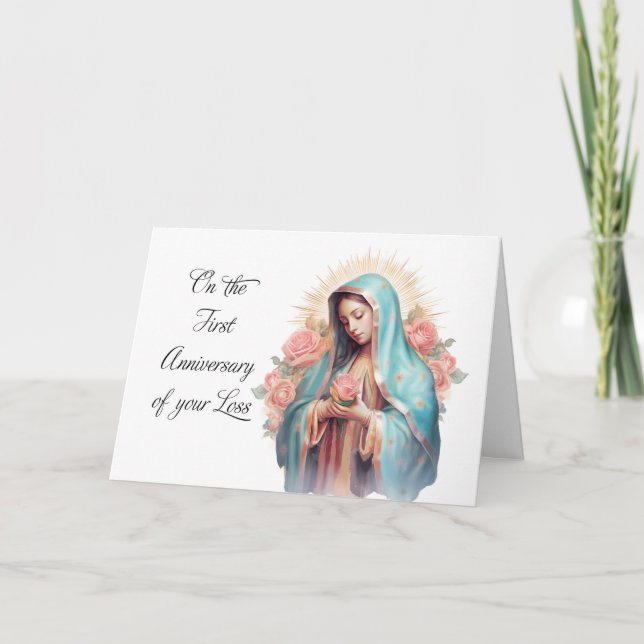 Cartão Primeiro Aniversário de Perda com a Virgem Maria (Frente)