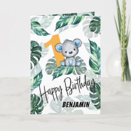 Cartão primeiro aniversario de Urso de Cores Aquáticas Se